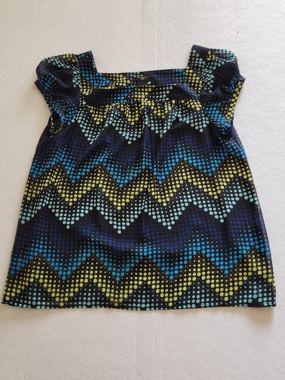 Ann Taylor Navy Chevron Dot Short Sleeve Top with Teal and Lime Dots Size MP